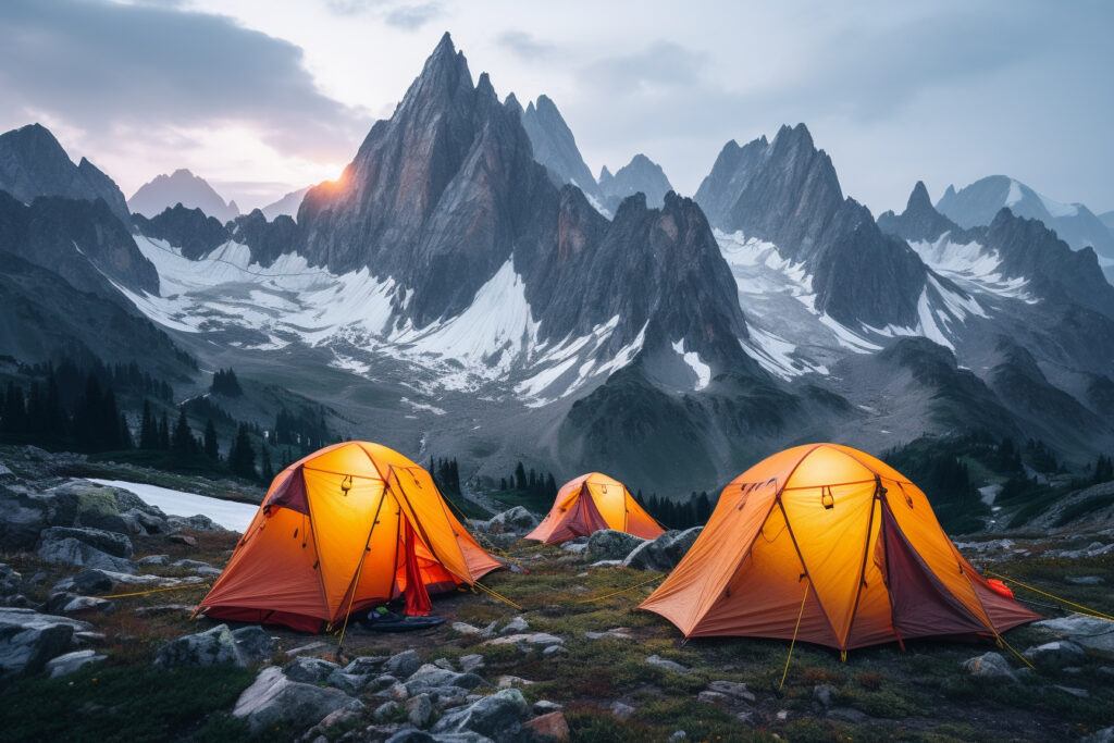 3 tentes plantées dans un paysage montagneux