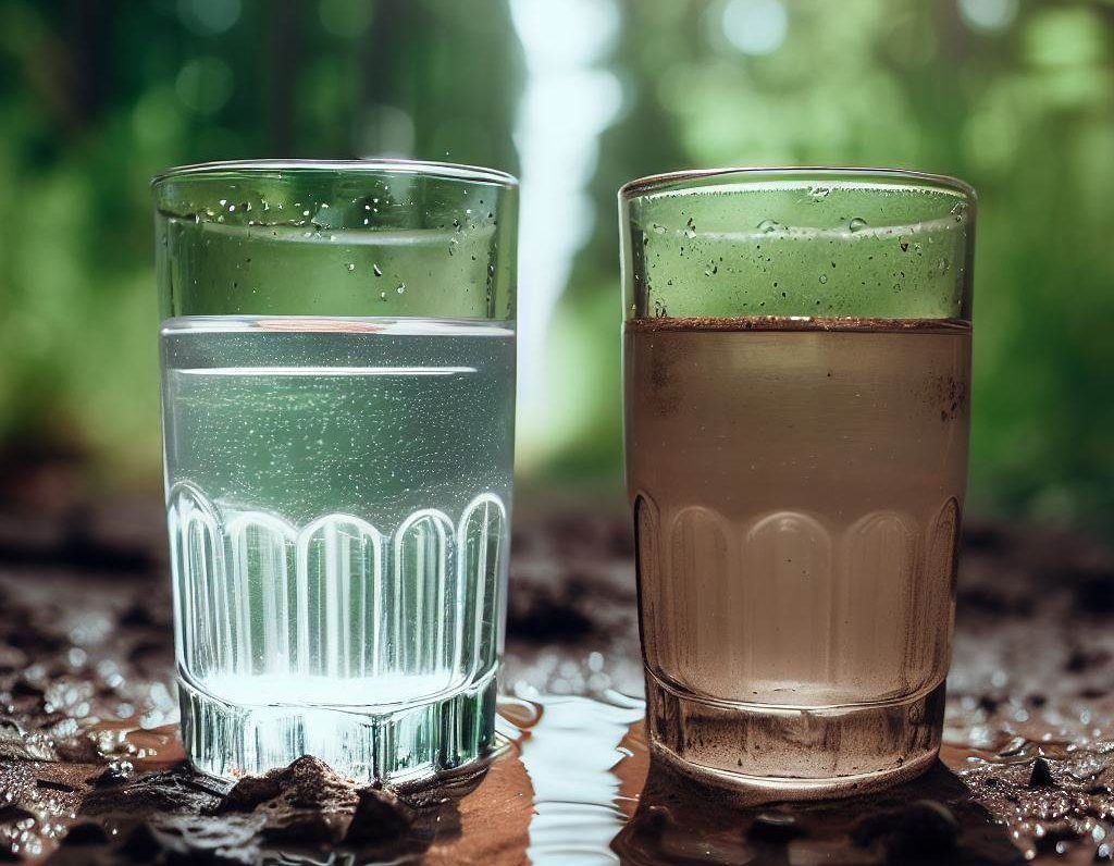 paille-filtrante-purification-eau-sale-eau-potable-e1686680702544 2 verres qui contiennent de ll'eau filtrée et non filtrée